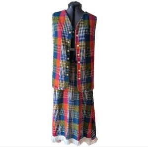 Elegant Plaid Skirt Set with Vest Vintage